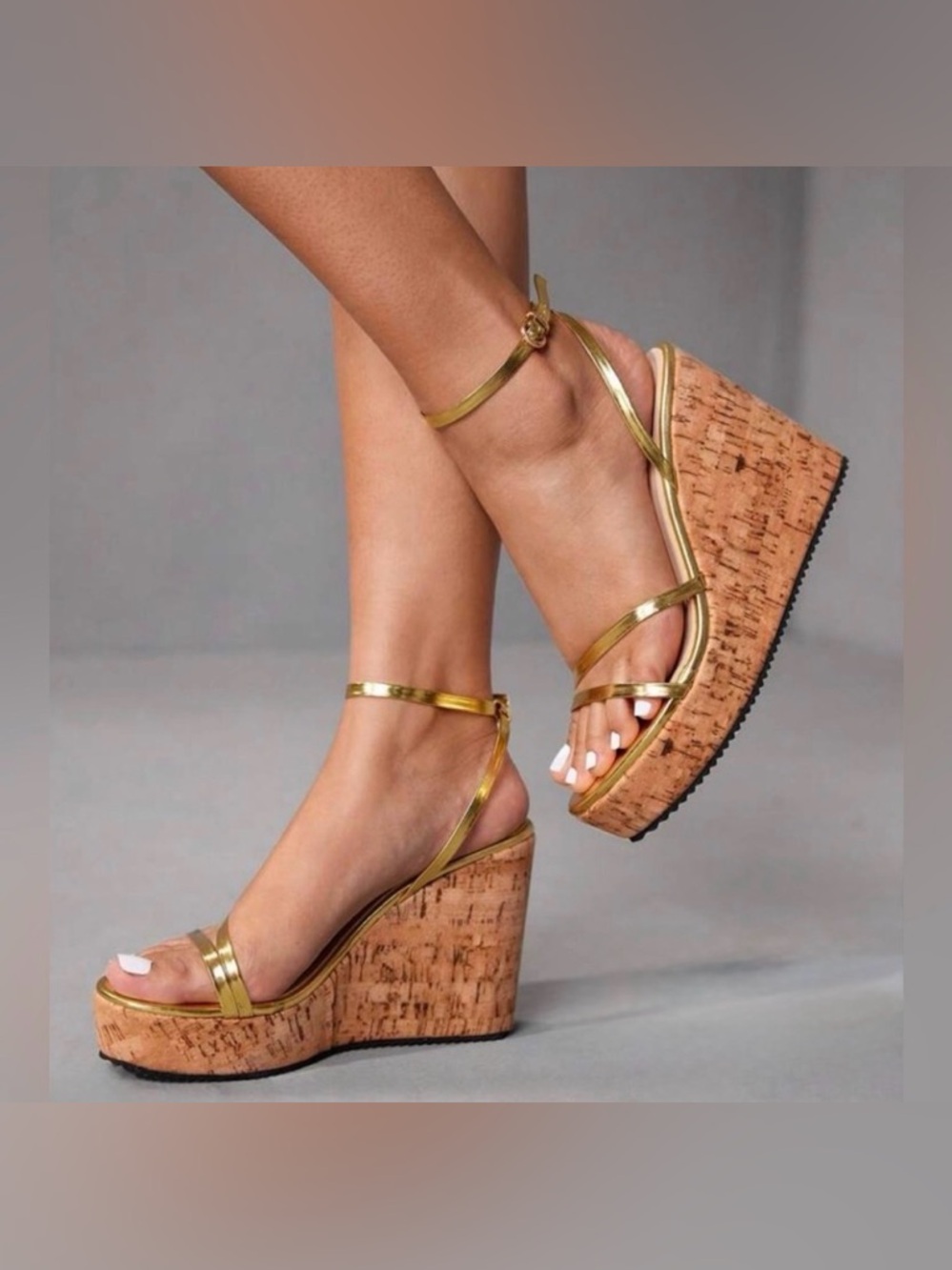 Gold Strappy Cork Wedge Heels, Sandals | 6.5 | New | 4.3” Heel, 1” Platform - Picture 2 of 8